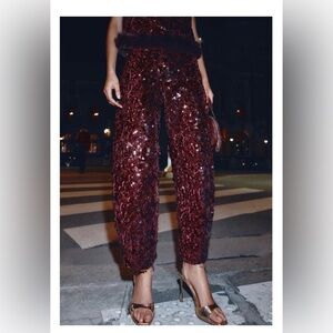 NWT Zara Burgundy Sequin Barrel Pants